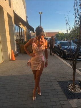 Oh Polly Rose Pink Sequin Mini Dress with Floral Details
